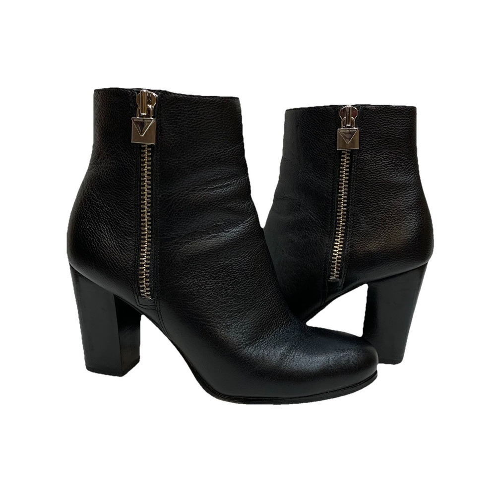 Michael Kors Womens Margaret Boot SZ 6.5 Black Leather Block Heel Bootie Elegant